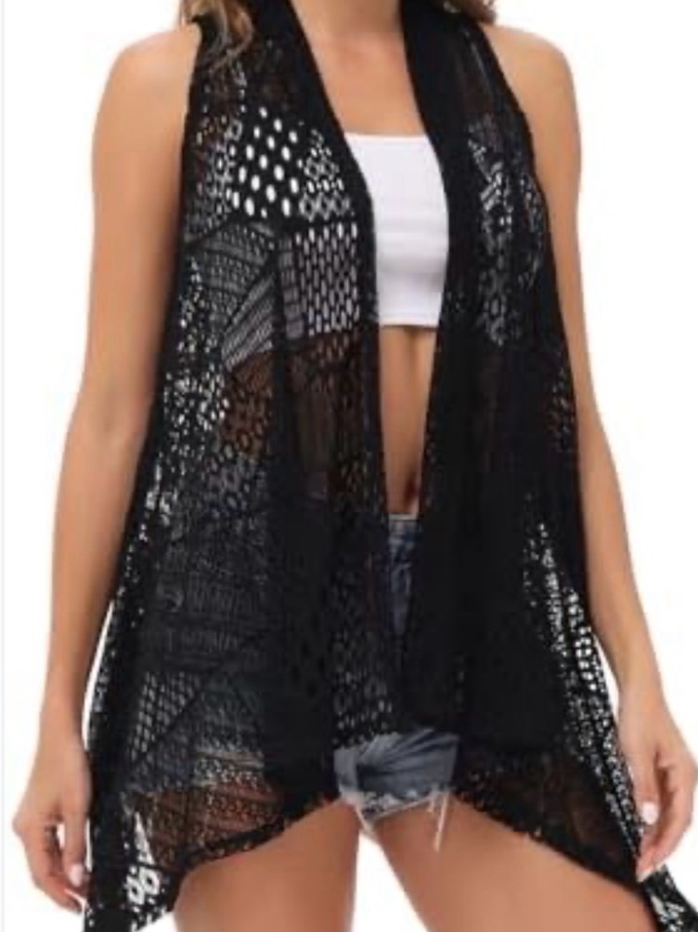 Mod’Land Paris Black Crochet Open-Front Tunic Vest - Women. Size M